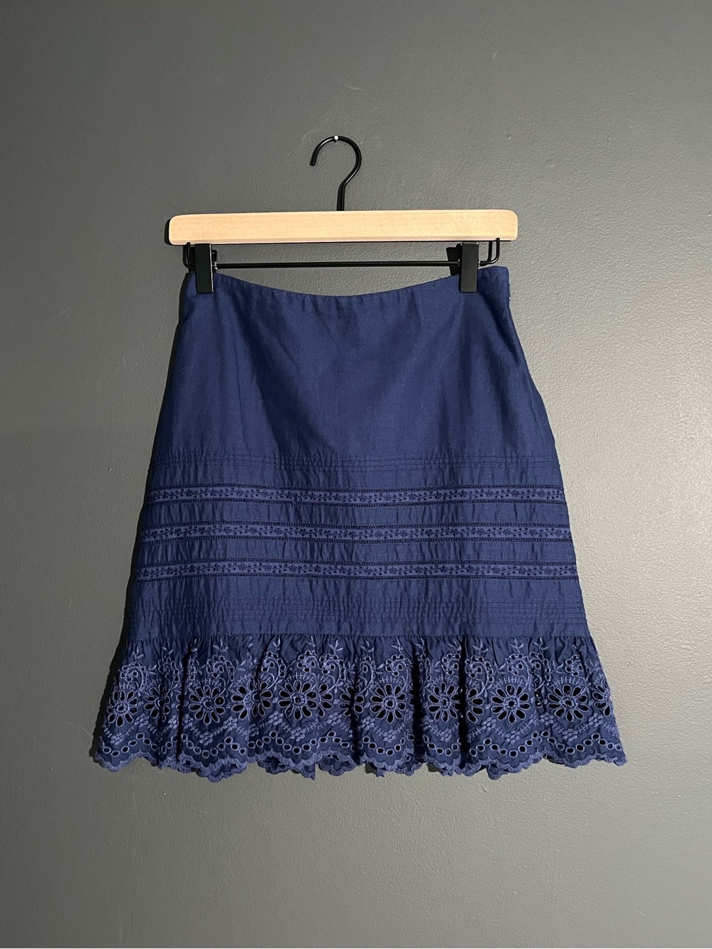 Ralph Lauren 100% Cotton Navy Blue Mini Skirt Eyelet Hem Side Zip - Size 2P
